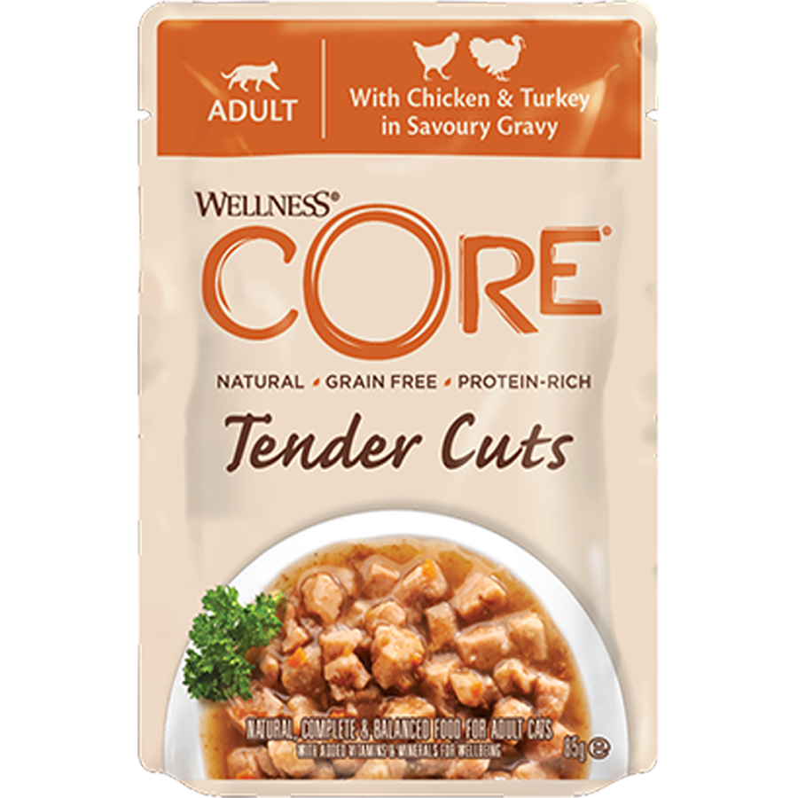 WELLNESS CORE Tender Cuts Nourriture humide pour chat adulte Poulet et Dinde en sauce 85g