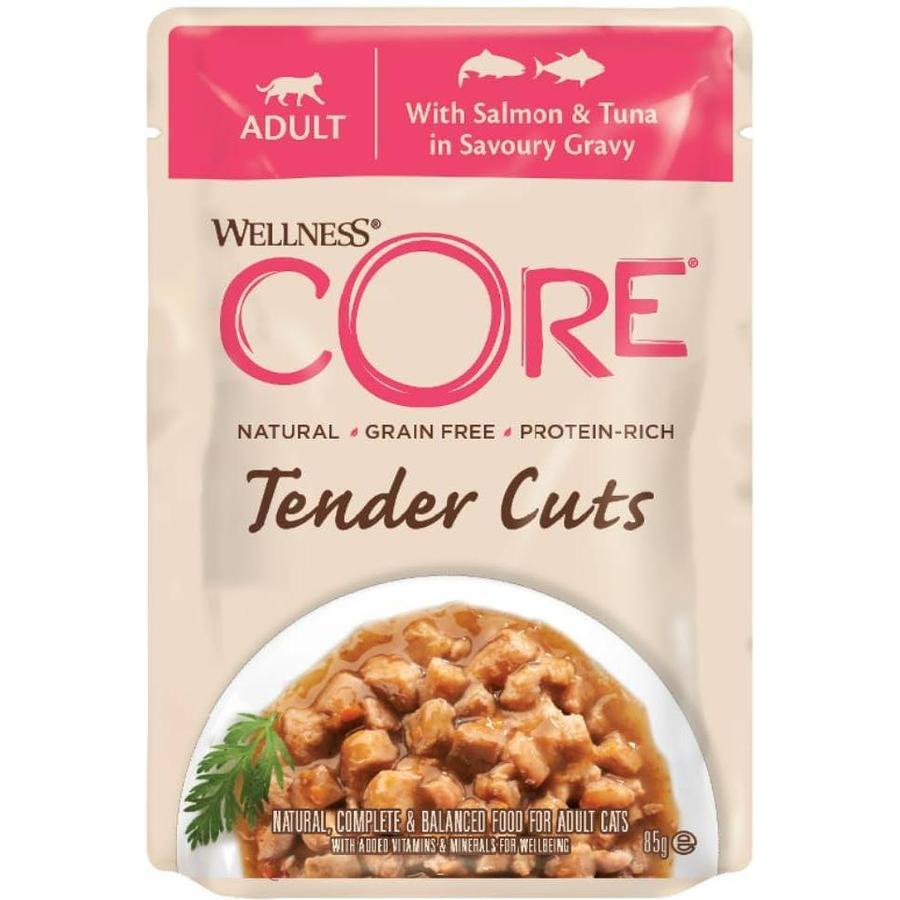 WELLNESS CORE Tender Cuts Nourriture humide pour chat adulte sans céréales Saumon & Thon en sauce 85g