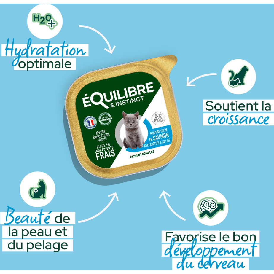 EQUILIBRE & INSTINCT Mousse pour jeune chat riche en saumon, carotte & lait 85g