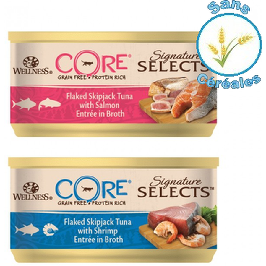 WELLNESS CORE Signature Selects Nourriture humide pour chat Thon Maquereau Crevettes 79g