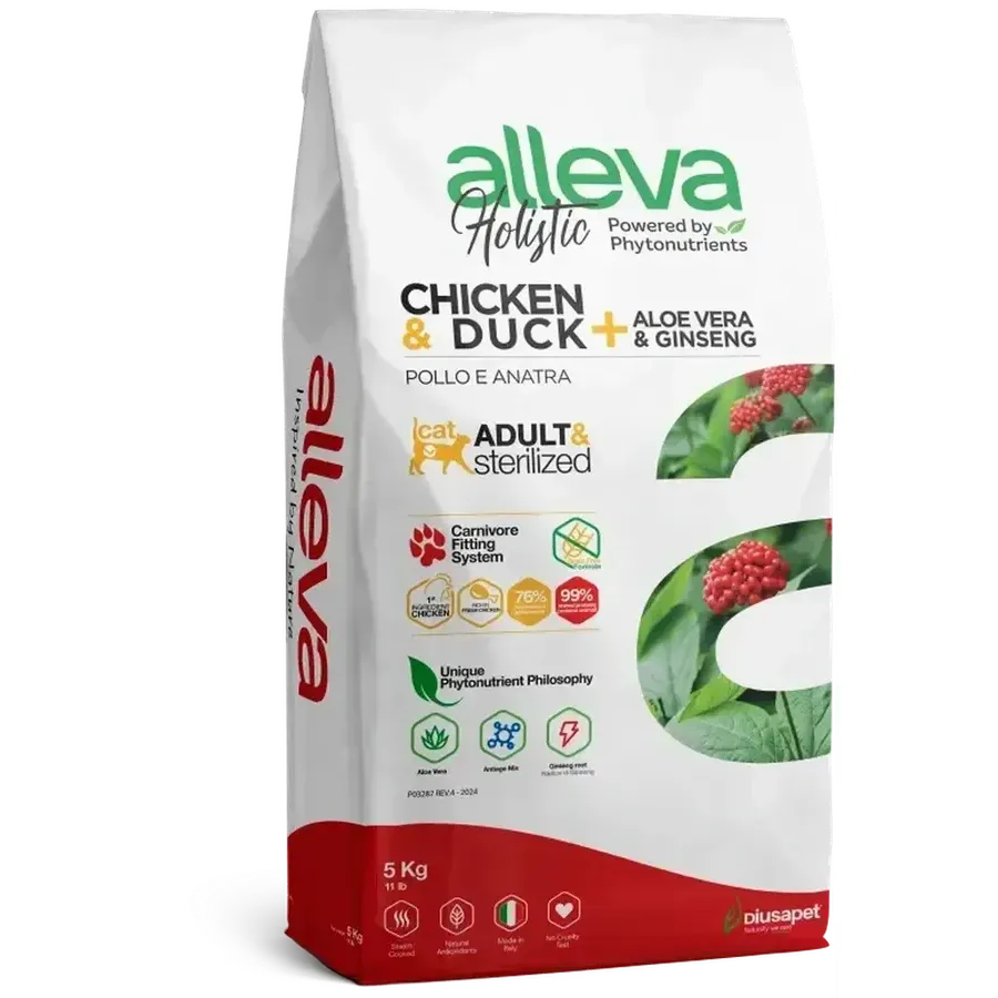 Croquettes sans céréales Alleva Holistic Poulet & Canard + Aloe Vera & Ginseng chat adulte stérilisé