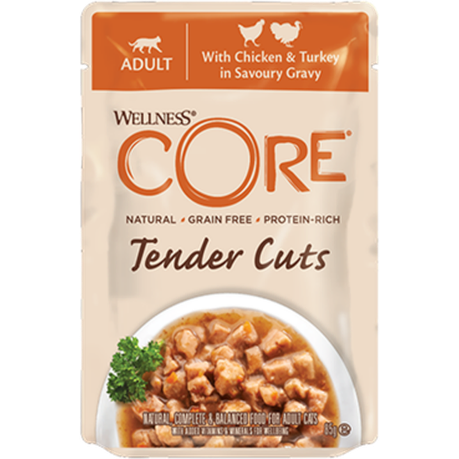 WELLNESS CORE Tender Cuts Nourriture humide pour chat adulte Poulet et Dinde en sauce 85g