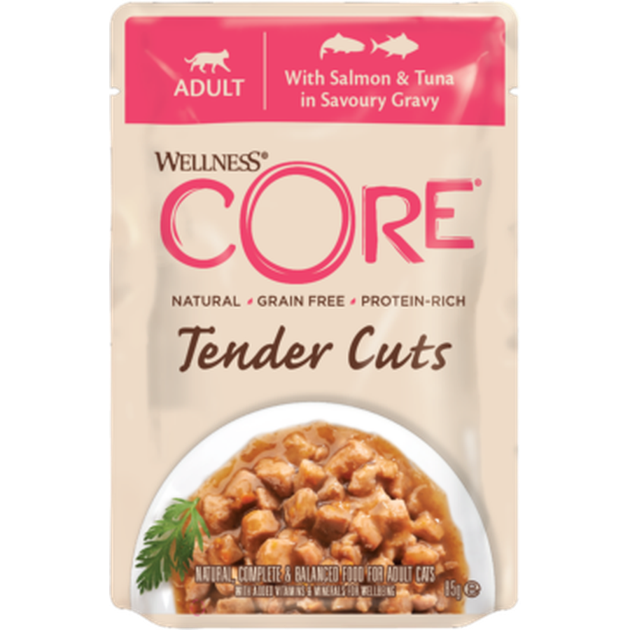 WELLNESS CORE Tender Cuts Nourriture humide pour chat adulte sans céréales Saumon & Thon en sauce 85g