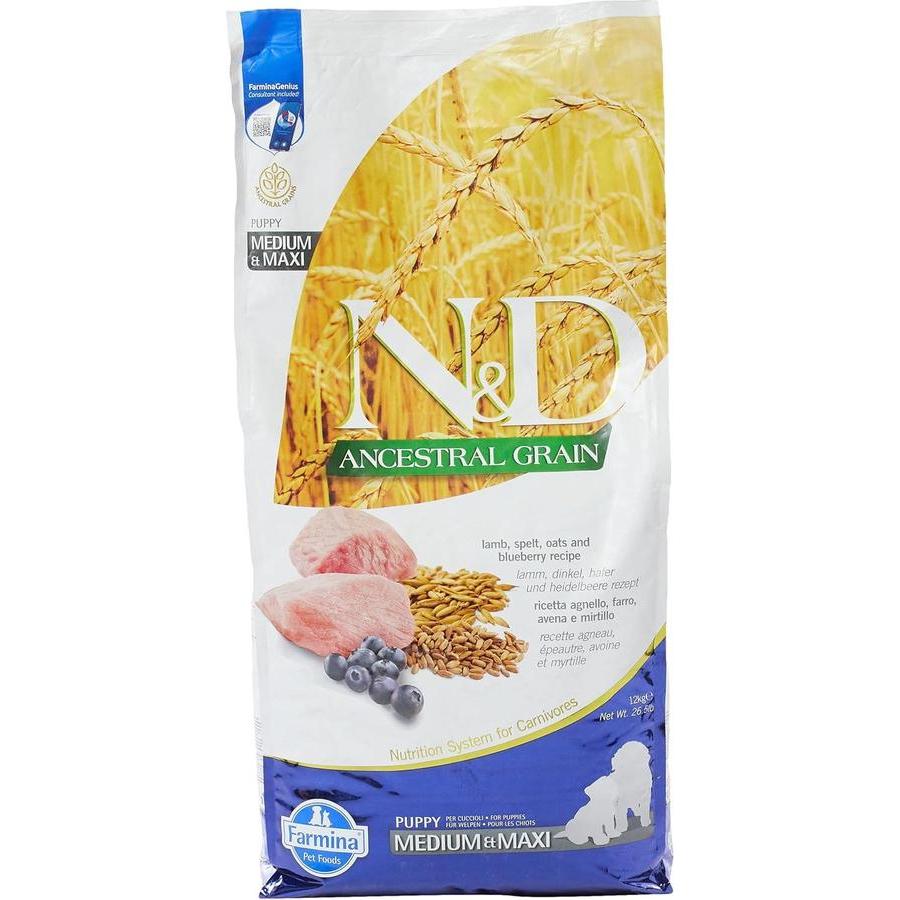 FARMINA N&D ANCESTRAL GRAIN Dog Puppy Medium & Maxi Agneau, Épeautre, Avoine et Myrtille 12kg