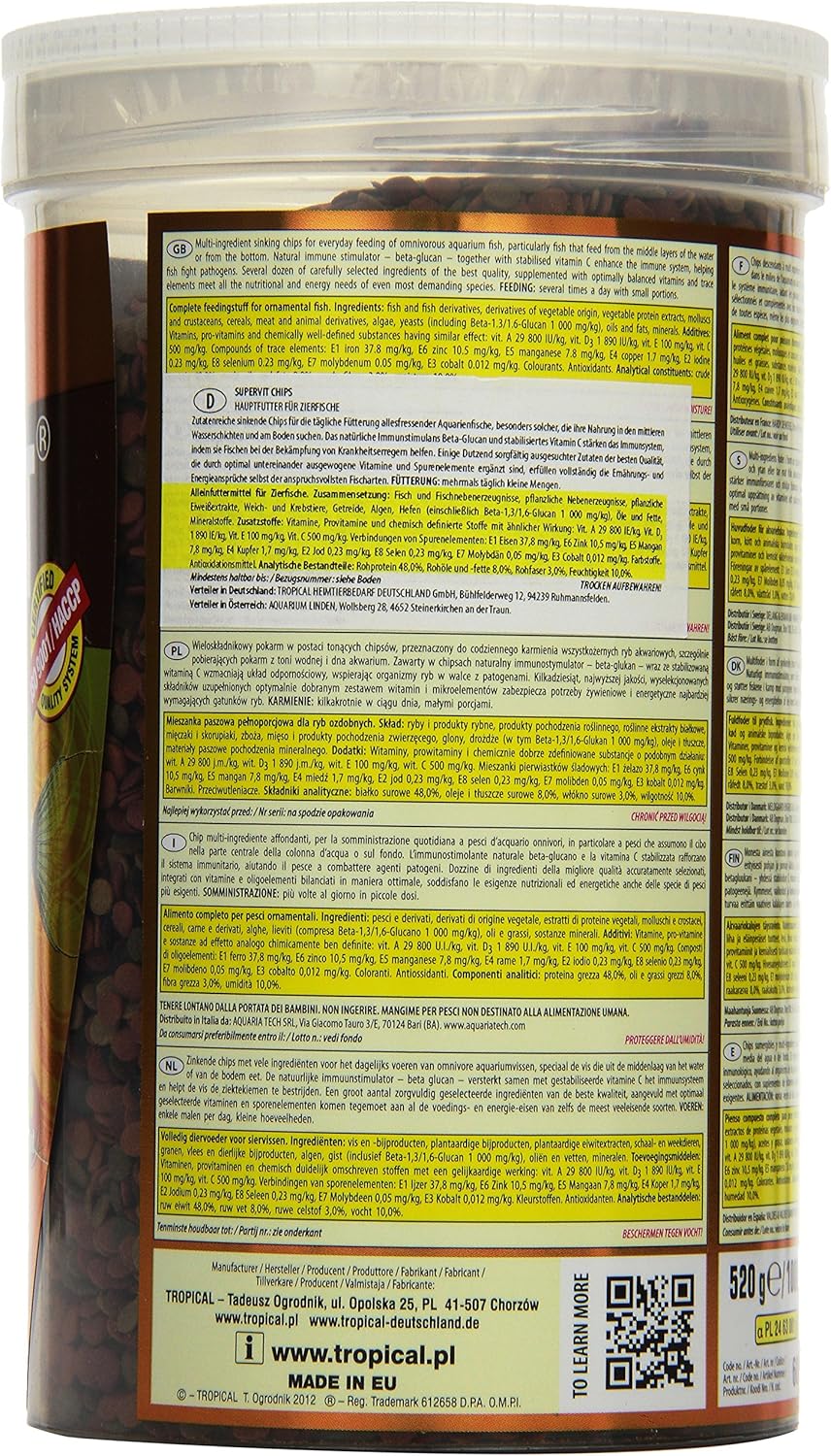 TROPICAL SUPERVIT Chips 1000ml Nourriture de Base pour Poissons d'Ornement 520g