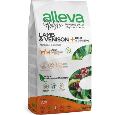 Croquettes sans céréales Alleva Holistic Agneau & Cerf + Chanvre & Ginseng chien adulte medium/maxi