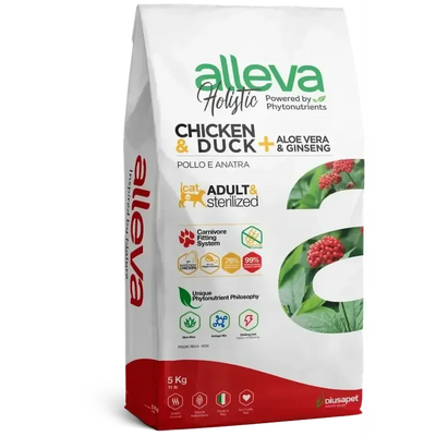 Croquettes sans céréales Alleva Holistic Poulet & Canard + Aloe Vera & Ginseng chat adulte stérilisé