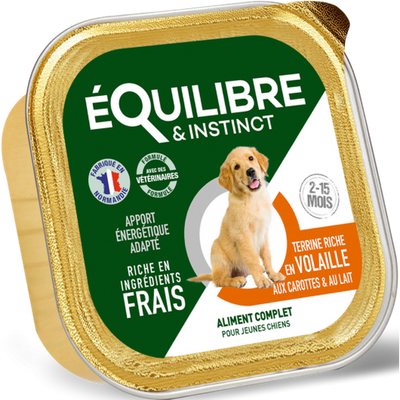 EQUILIBRE & INSTINCT Terrine pour jeune chien riche en volaille, carottes & lait 11x150g